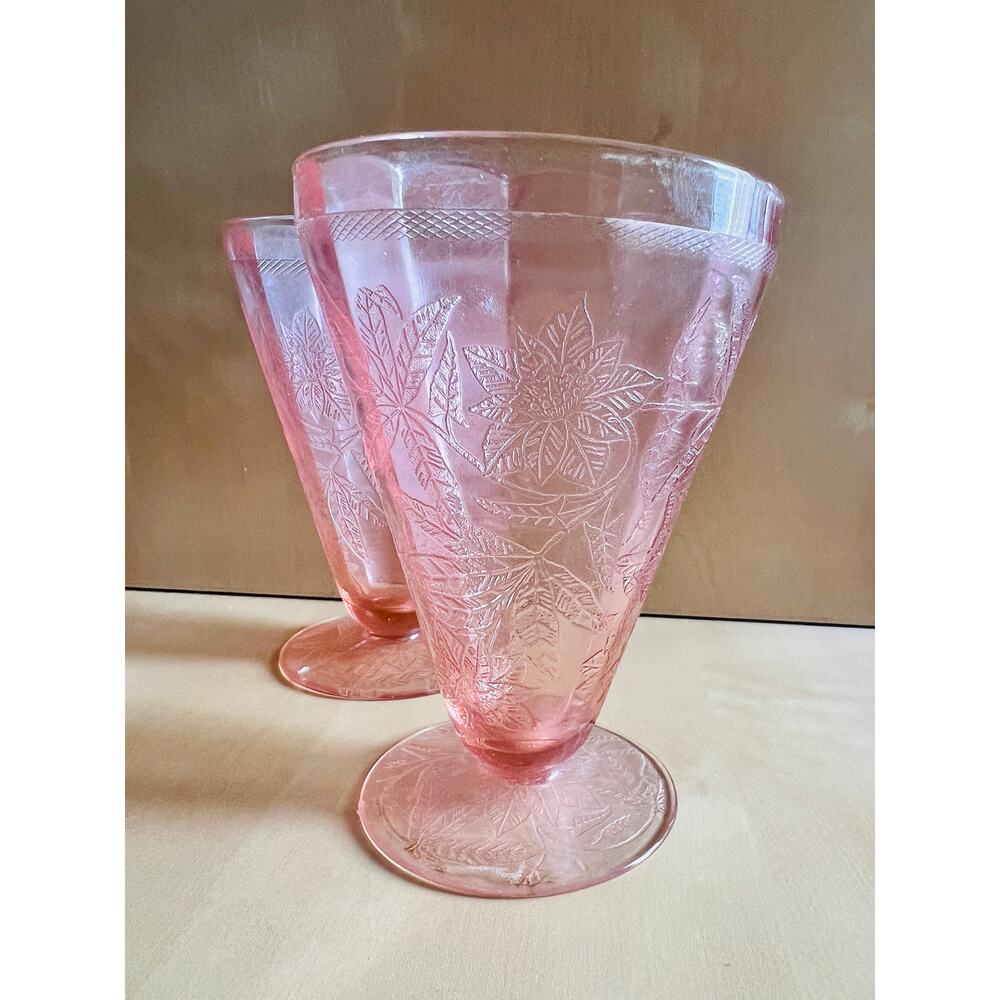 Vintage Jeannette Pink Depression Glass Poinsettia Tumblers Cups Set of 2 1930s